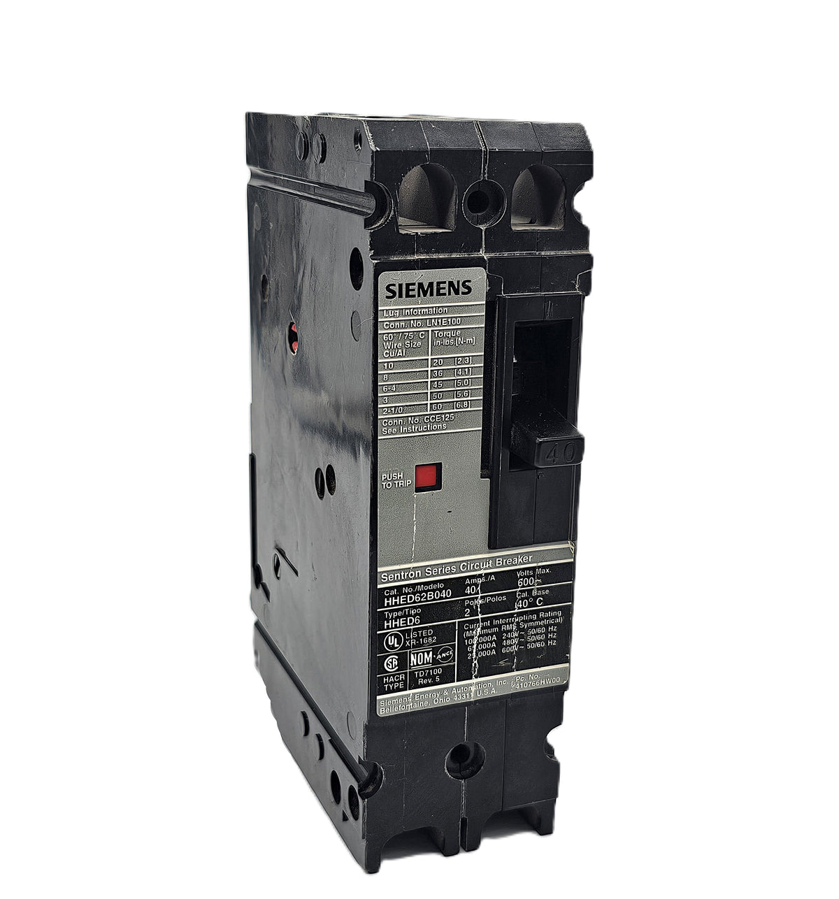 Siemens HHED62B040 Sentron Series Circuit Breaker 2-Pole, 40 Amp, 600V AC Max, Bolt-On