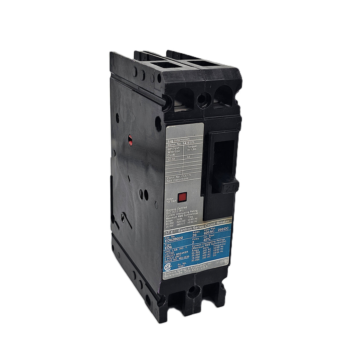 Siemens ED62B020 Circuit Breaker 2-Pole, 20 Amp, 600V AC / 250V DC, Bolt-On