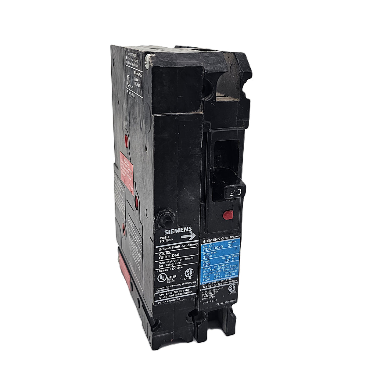 Siemens ED61B020 Circuit Breaker 1-Pole, 20 Amp, 600V AC / 250V DC, Bolt-On, ED6 Frame