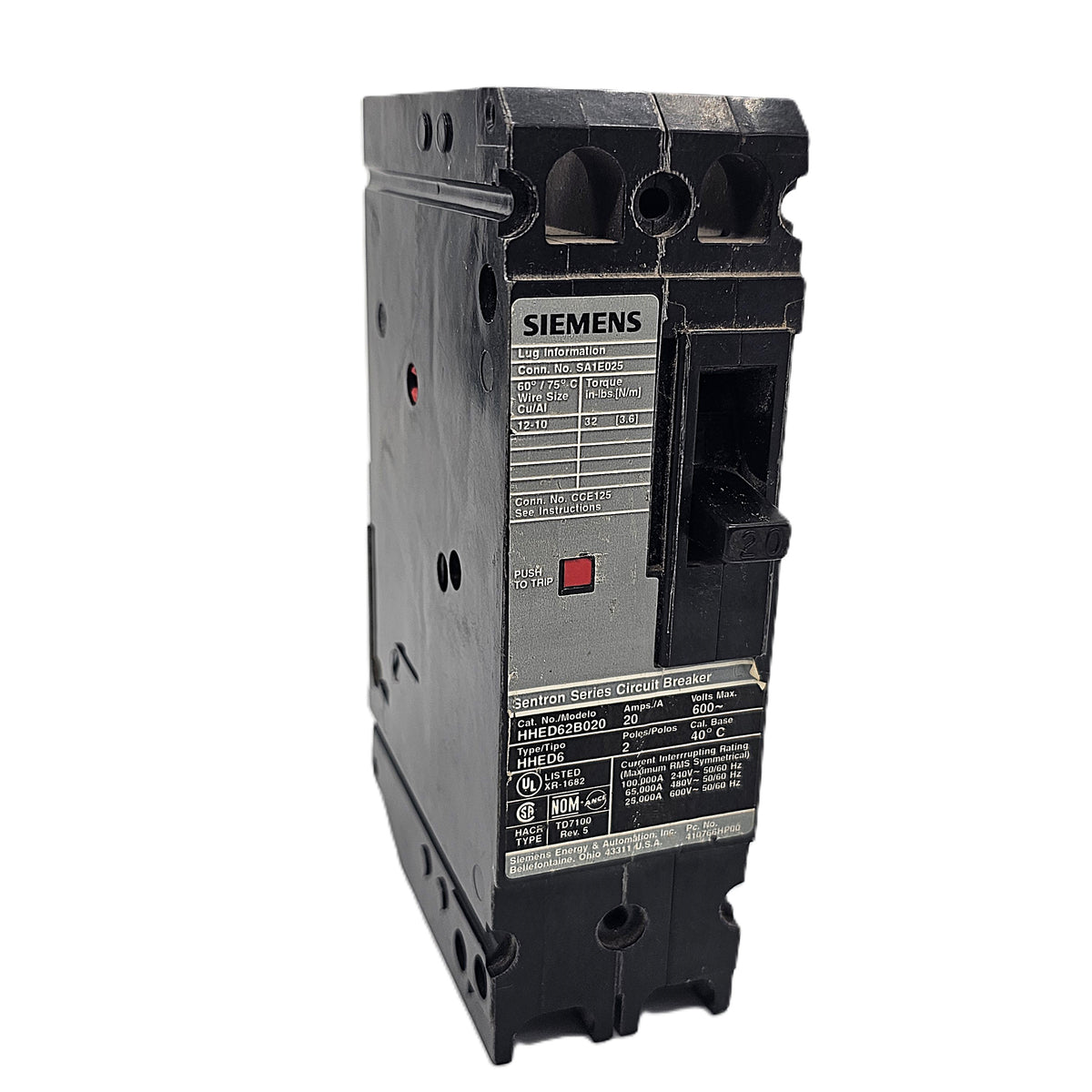 Siemens HHED62B020 Circuit Breaker 1 Pole, 20 Amp, 600V AC / 250V DC, Bolt-On, ED6 Frame