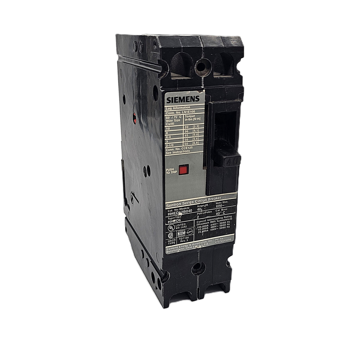 Siemens HHED62B040 Circuit Breaker (2 Pole, 40 Amp, 600V AC, Bolt-On, HED6 Frame)