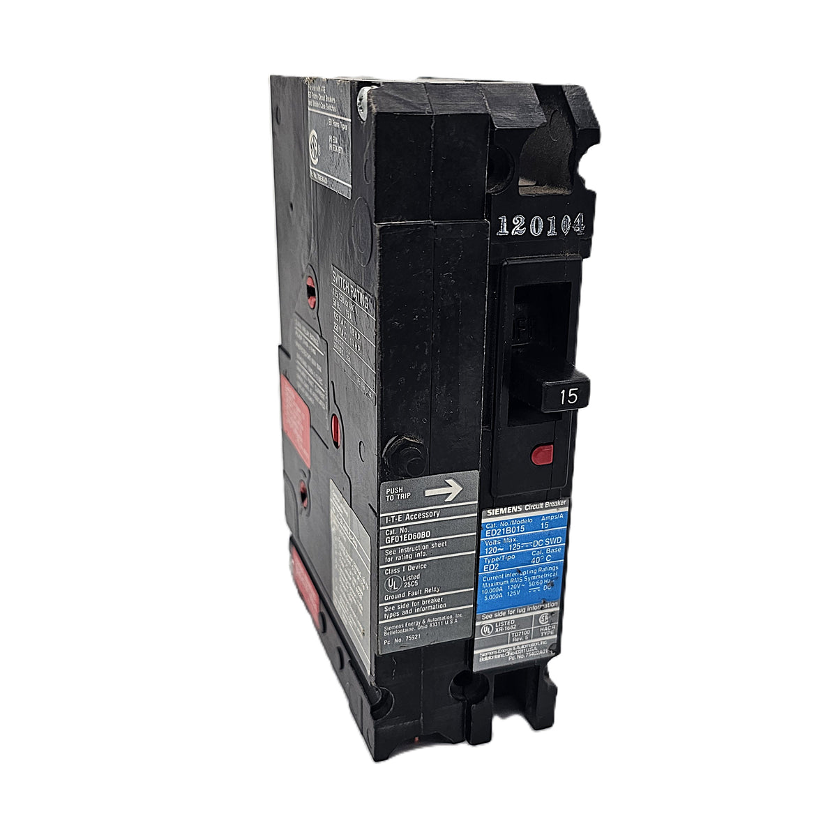 Siemens ED61B015 Circuit Breaker 1 Pole, 15 Amp, 120/240V AC, 125V DC, Bolt-On, ED2 Frame