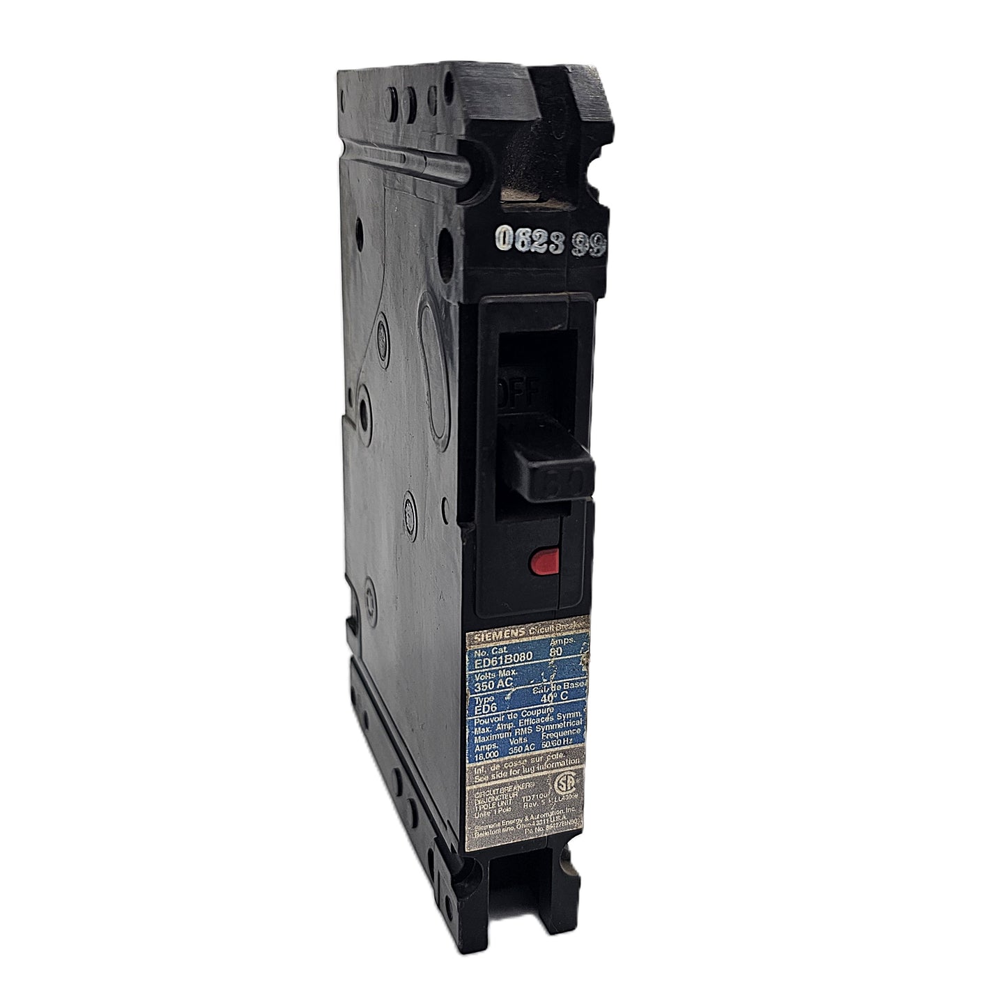 Siemens ED61B080 Circuit Breaker 1 Pole, 80 Amp, 120/240V AC, 125V DC, Bolt-On, ED6 Frame