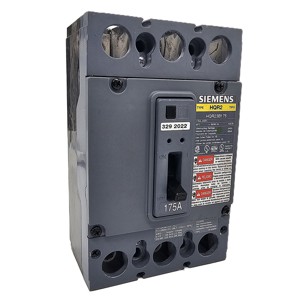 Siemens HQR23B175 Circuit Breaker 3-Pole, 175 Amp, 600Y/347V AC, Bolt-On, HQR2 Frame