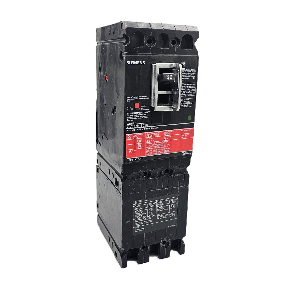 Siemens CED63B030 Circuit Breaker 3-Pole, 30 Amp, 600V AC, Bolt-On, CED6 Frame, Current-Limiting