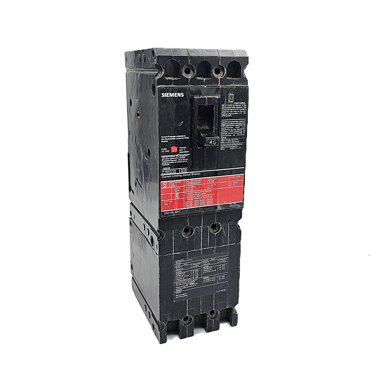 Siemens CED63B040 Circuit Breaker 3-Pole, 40 Amp, 600V AC, Bolt-On, CED6 Frame, Current-Limiting