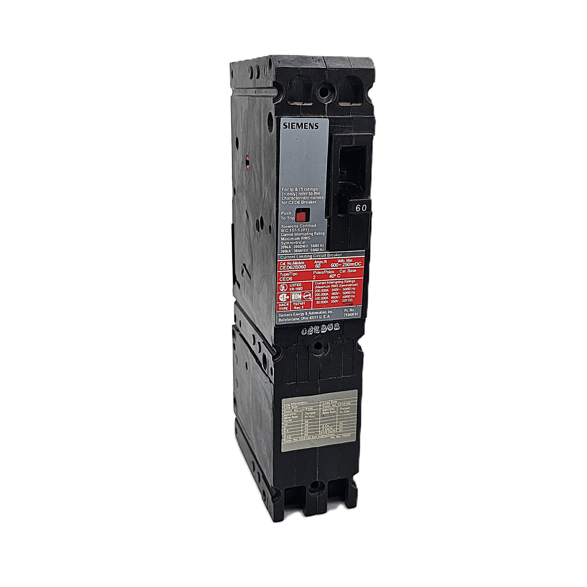 Siemens CED62B060 Circuit Breaker 2-Pole, 60 Amp, 600V AC, Bolt-On, CED6 Frame, Current-Limiting
