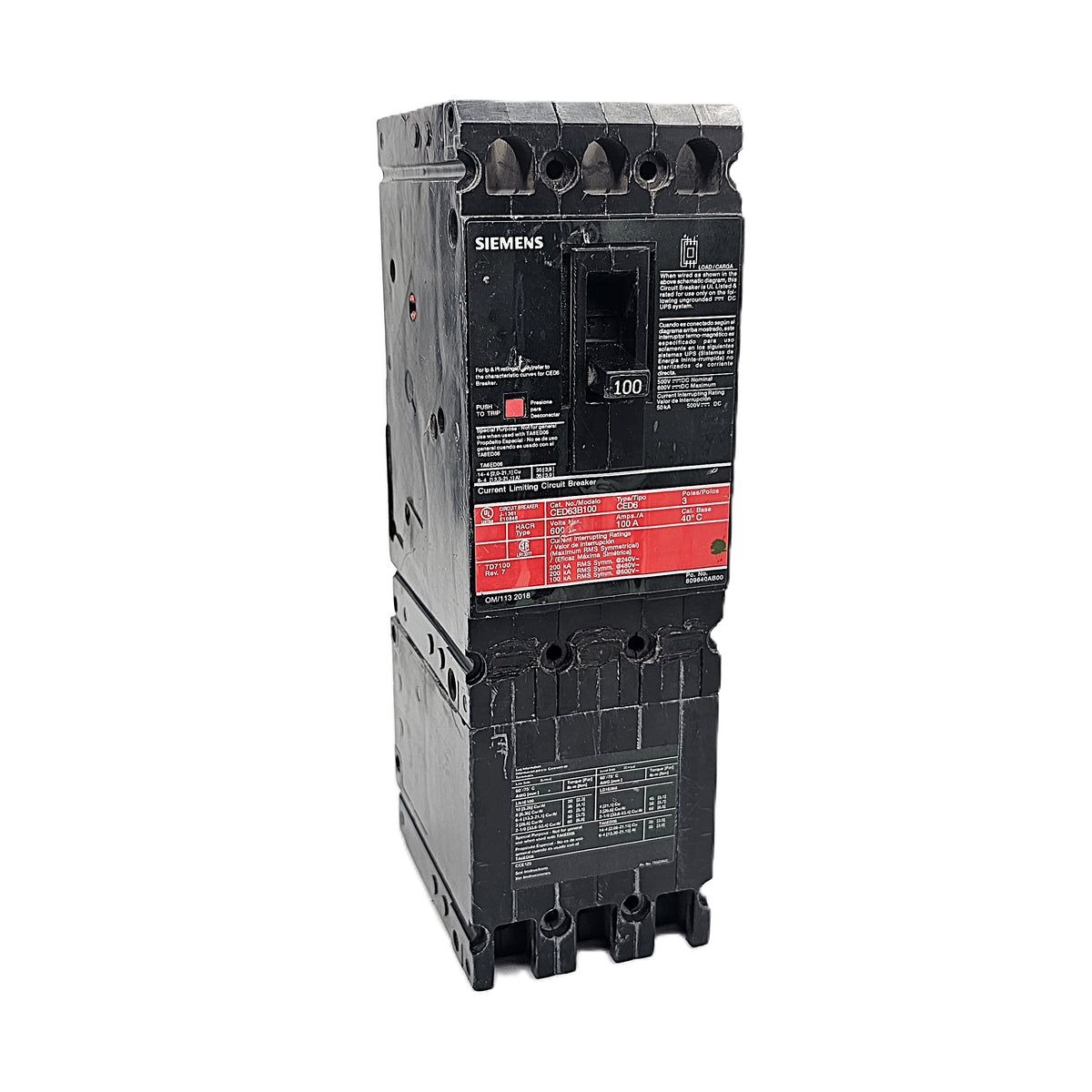 Siemens CED63B100 Circuit Breaker 3-Pole, 100 Amp, 600V AC/DC, Bolt-On, CED6 Frame, Current-Limiting