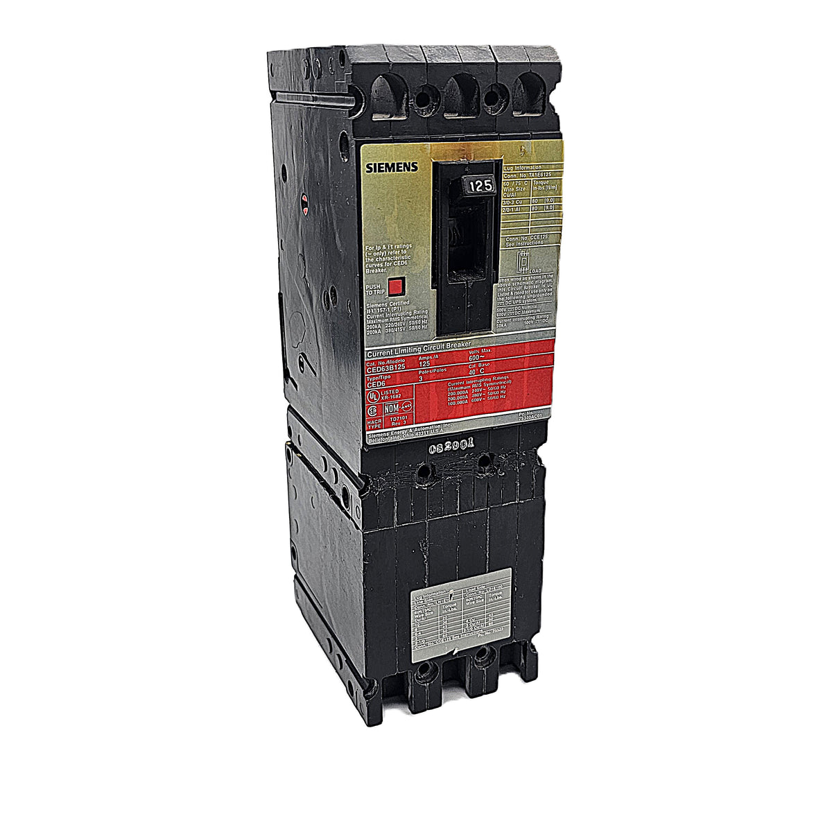 Siemens CED63B125 Circuit Breaker 3-Pole, 125 Amp, 600V AC/DC, Bolt-On, CED6 Frame, Current-Limiting