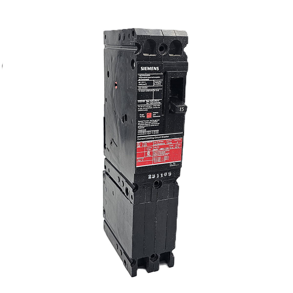 Siemens CED62B015 Circuit Breaker 2-Pole, 15 Amp, 600V AC/DC, Bolt-On, CED6 Frame, Current-Limiting