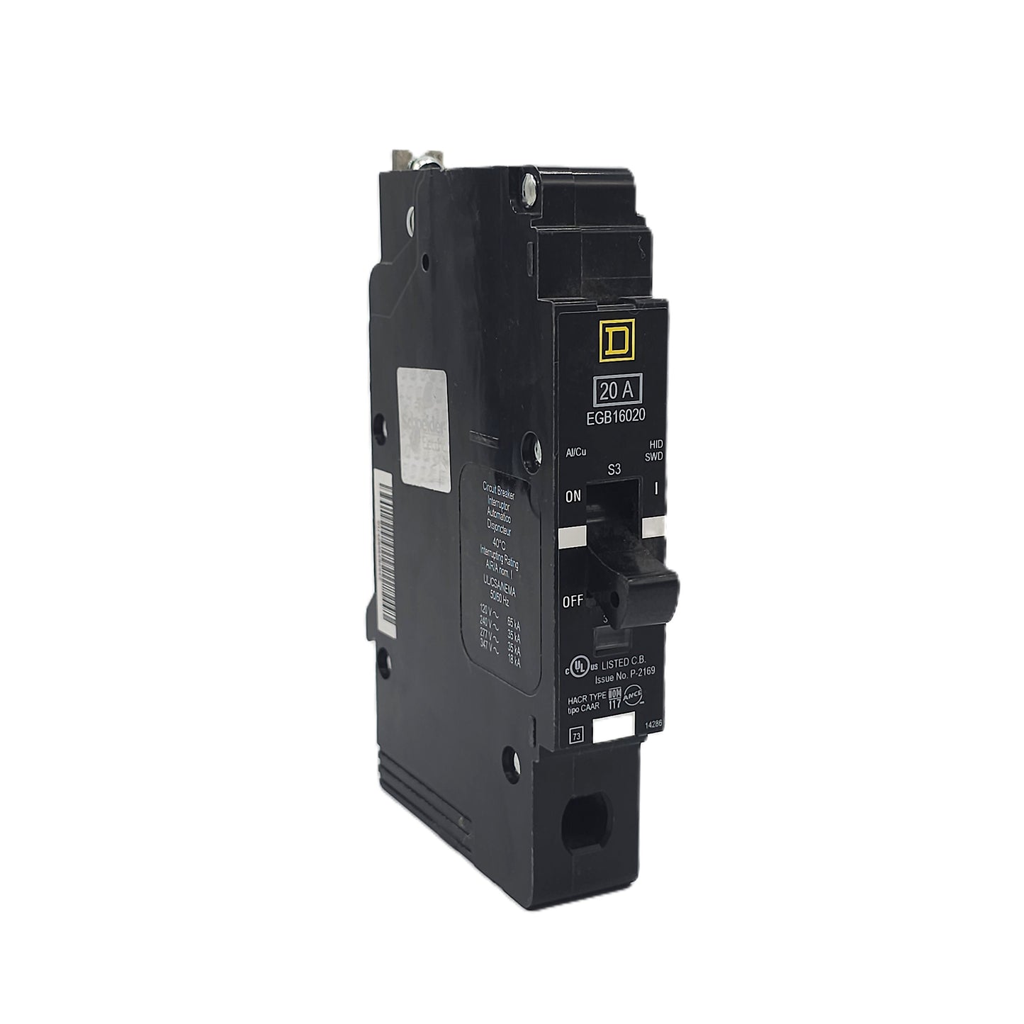 Square D EGB16020 Circuit Breaker 1-Pole, 20 Amp, 277V AC, Bolt-On, EGB Frame, HID/SWD Rated