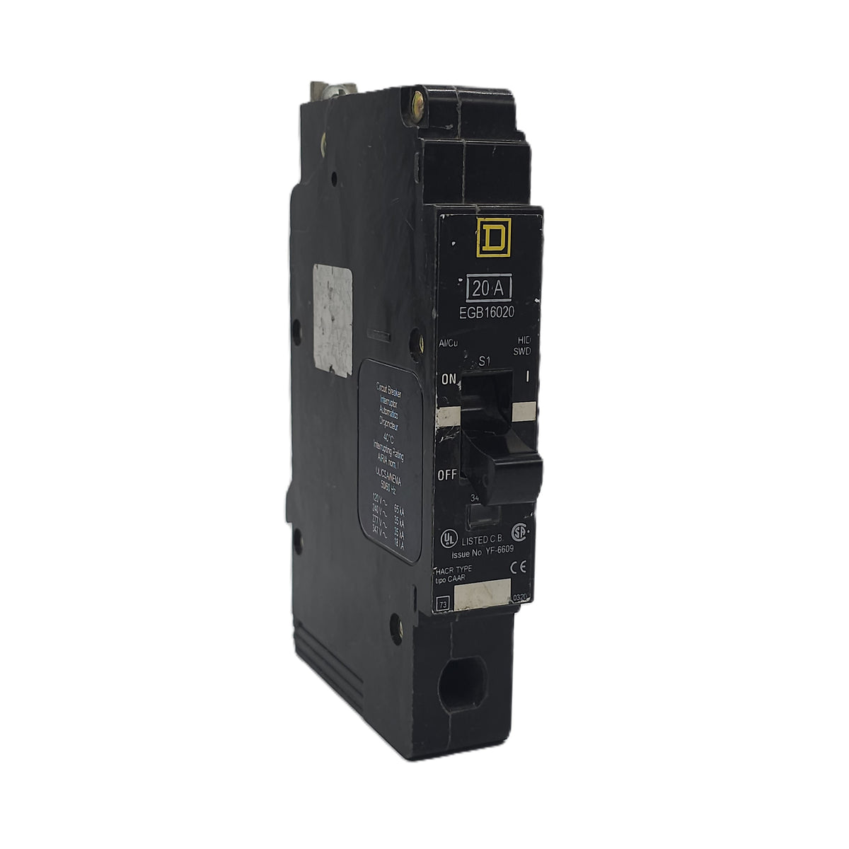 Square D EGB16020 Circuit Breaker – S1 Variant 1-Pole, 20 Amp, 277V AC, HID SWD, Bolt-On, EGB Frame