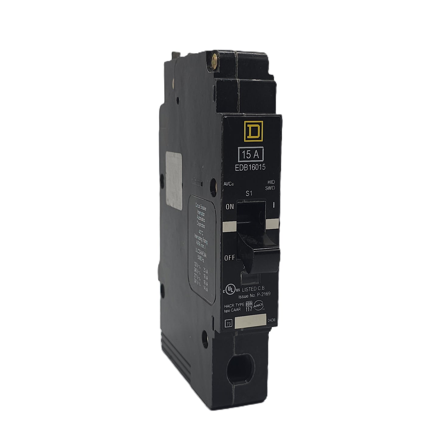 Square D EDB16015 Circuit Breaker 1-Pole, 15 Amp, 277V AC, HID SWD, Bolt-On, EDB Frame