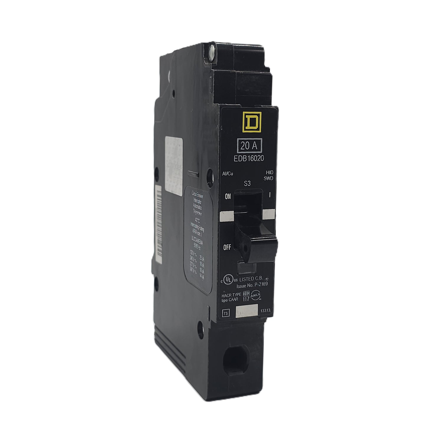 Square D EDB16020 Circuit Breaker 1-Pole, 20 Amp, 277V AC, HID SWD, Bolt-On, EDB Frame