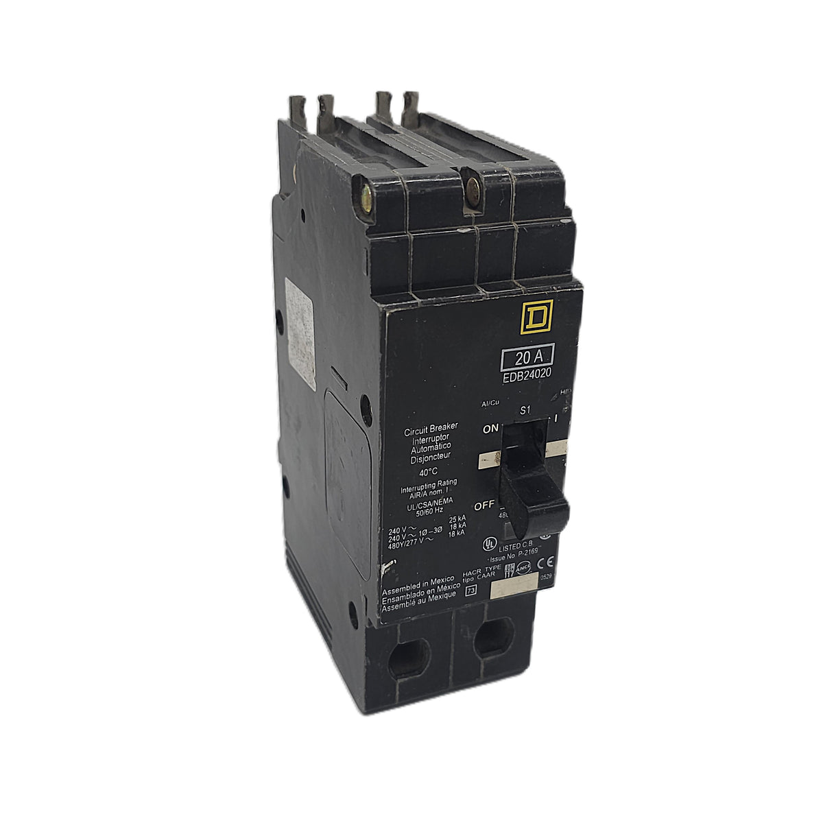 Square D EDB24020 Circuit Breaker 2-Pole, 20 Amp, 240V AC / 480Y/277V AC, Bolt-On, EDB Frame