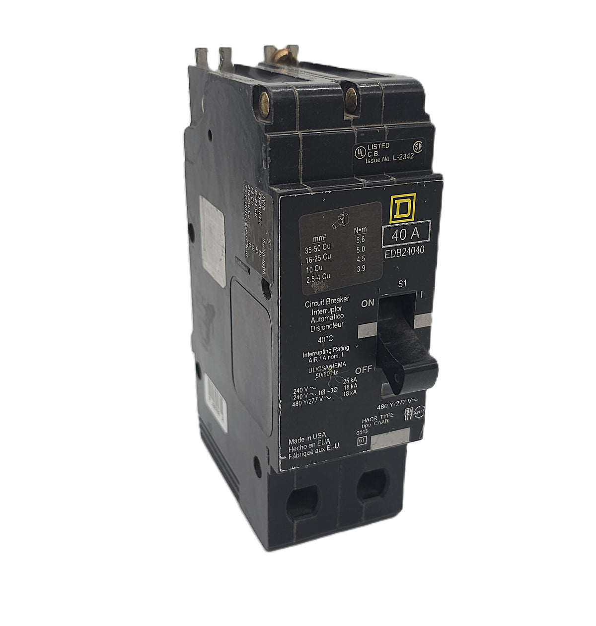Square D EDB24040 Circuit Breaker 2-Pole, 40 Amp, 240V AC / 480Y/277V AC, Bolt-On, EDB Frame