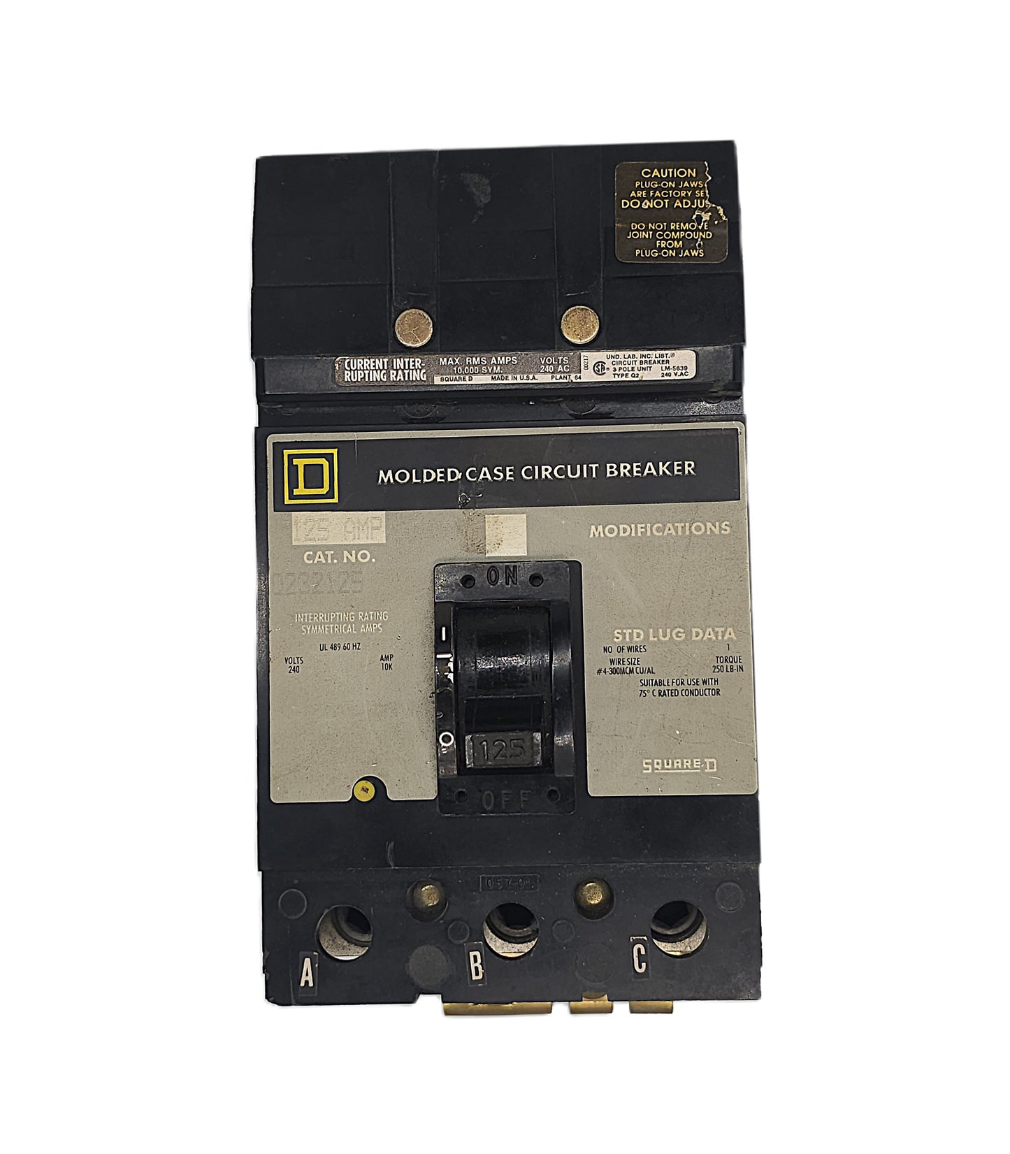Square D Q232125 Circuit Breaker 3-Pole, 125 Amp, 240V AC, Plug-On, Q2 Frame