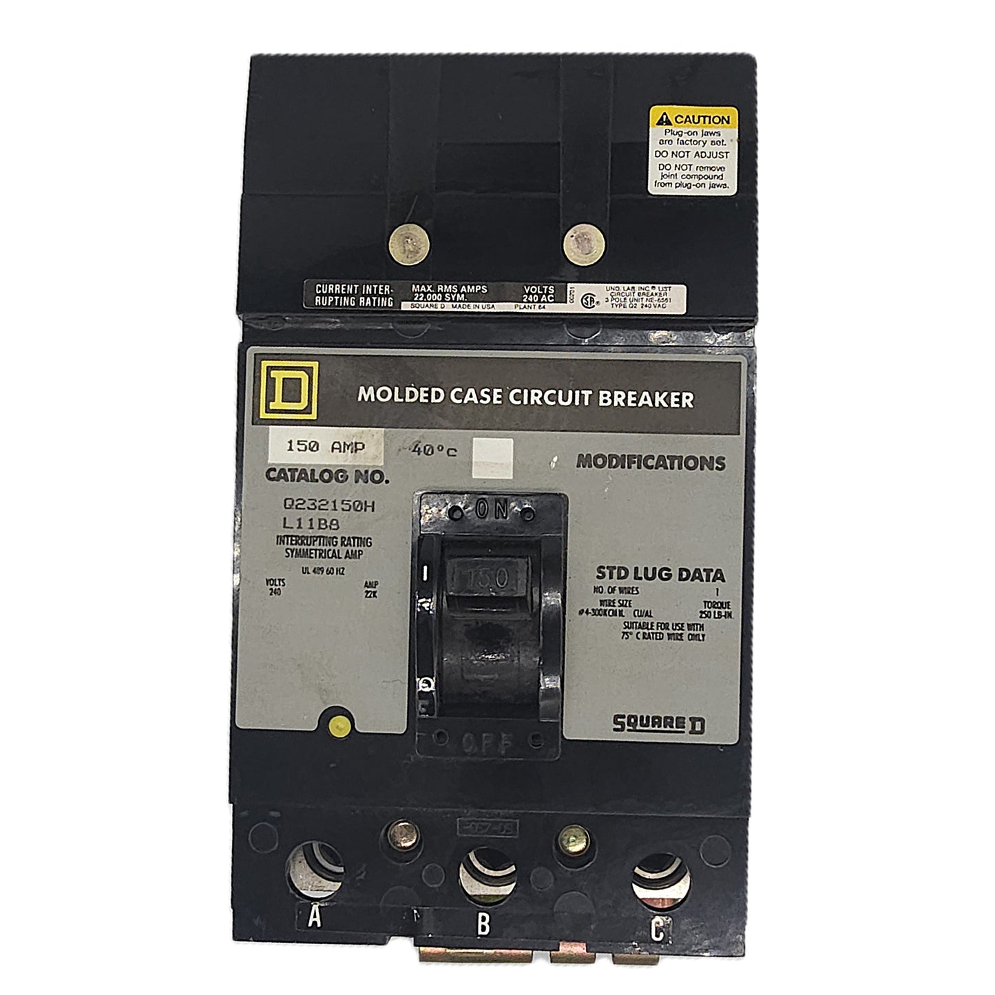 Square D Q232150H Circuit Breaker 3-Pole, 150 Amp, 240V AC, Plug-On, Q2M Frame, High Interrupting