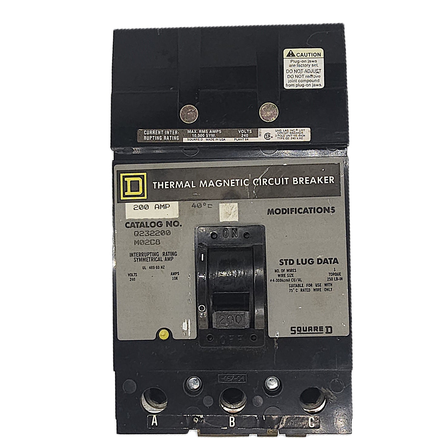 Square D Q232200 Circuit Breaker 3-Pole, 200 Amp, 240V AC, Plug-On, Q2 Frame, Thermal Magnetic