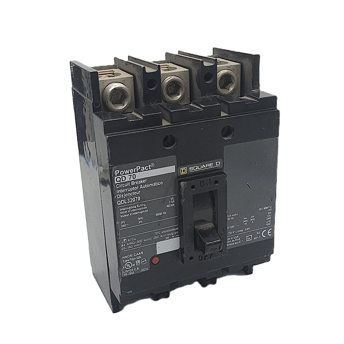 Square D QDL32070 Circuit Breaker 3-Pole, 70 Amp, 240V AC, 25kAIC, Thermal Magnetic, PowerPact QD Series, Lug-In/Lug-Out