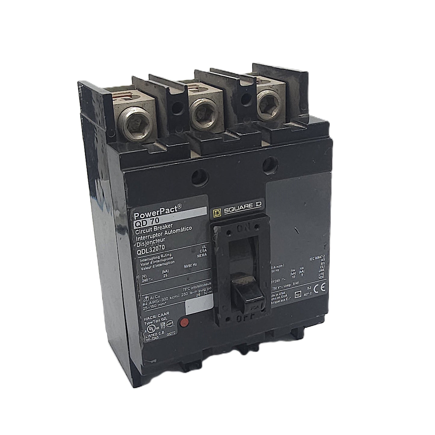 Square D QDL32070 Circuit Breaker 3-Pole, 70 Amp, 240V AC, 25kAIC, Thermal Magnetic, PowerPact QD Series, Lug-In/Lug-Out