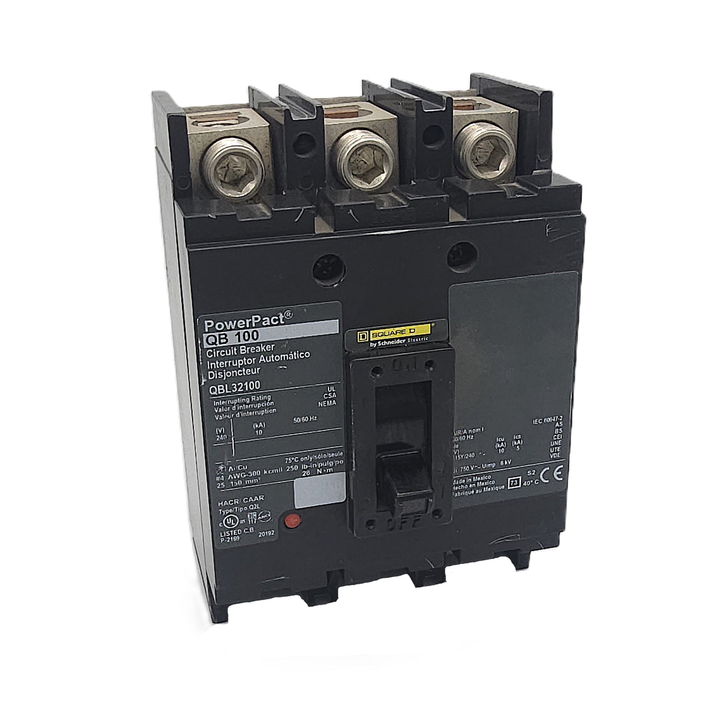Square D QBL32100 Circuit Breaker 3-Pole, 100 Amp, 240V AC, 10kAIC, Thermal Magnetic, PowerPact QB Series, Lug-In/Lug-Out