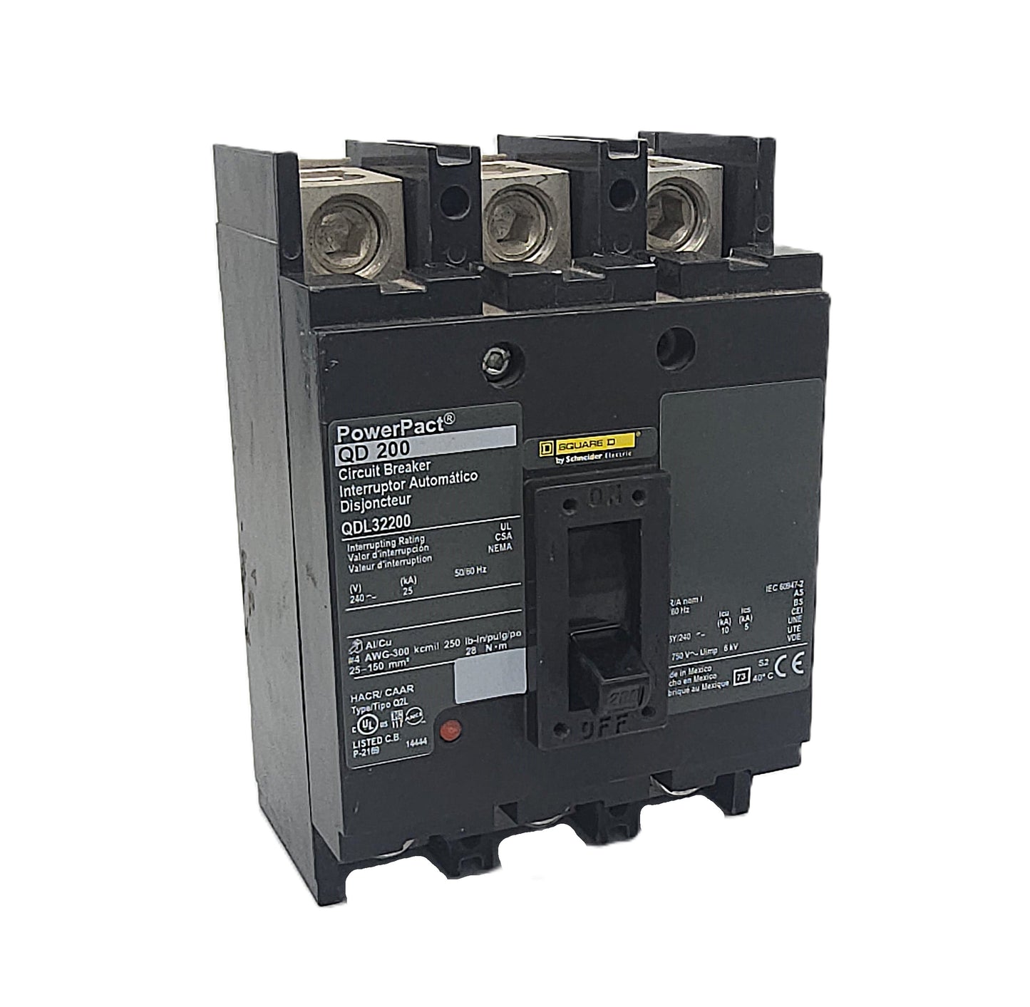 Square D QDL32200 Circuit Breaker 3-Pole, 200 Amp, 240V AC, 25kAIC, Thermal Magnetic, PowerPact QD Series, Lug-In/Lug-Out