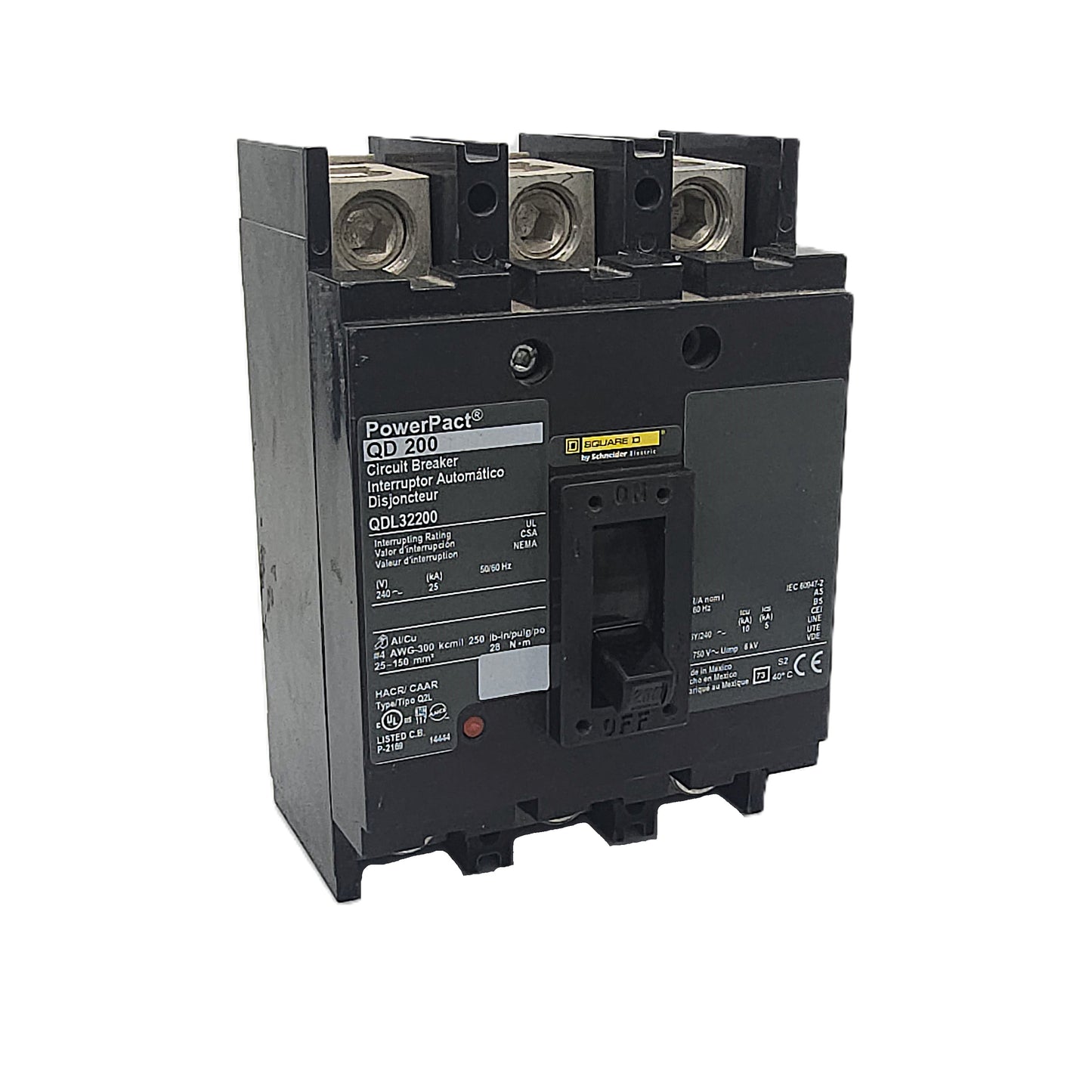 Square D QDL32200 Circuit Breaker PowerPact QD Series, 3-Pole, 200 Amp, 240V AC, 25kAIC, Lug-In / Lug-Out, Thermal Magnetic