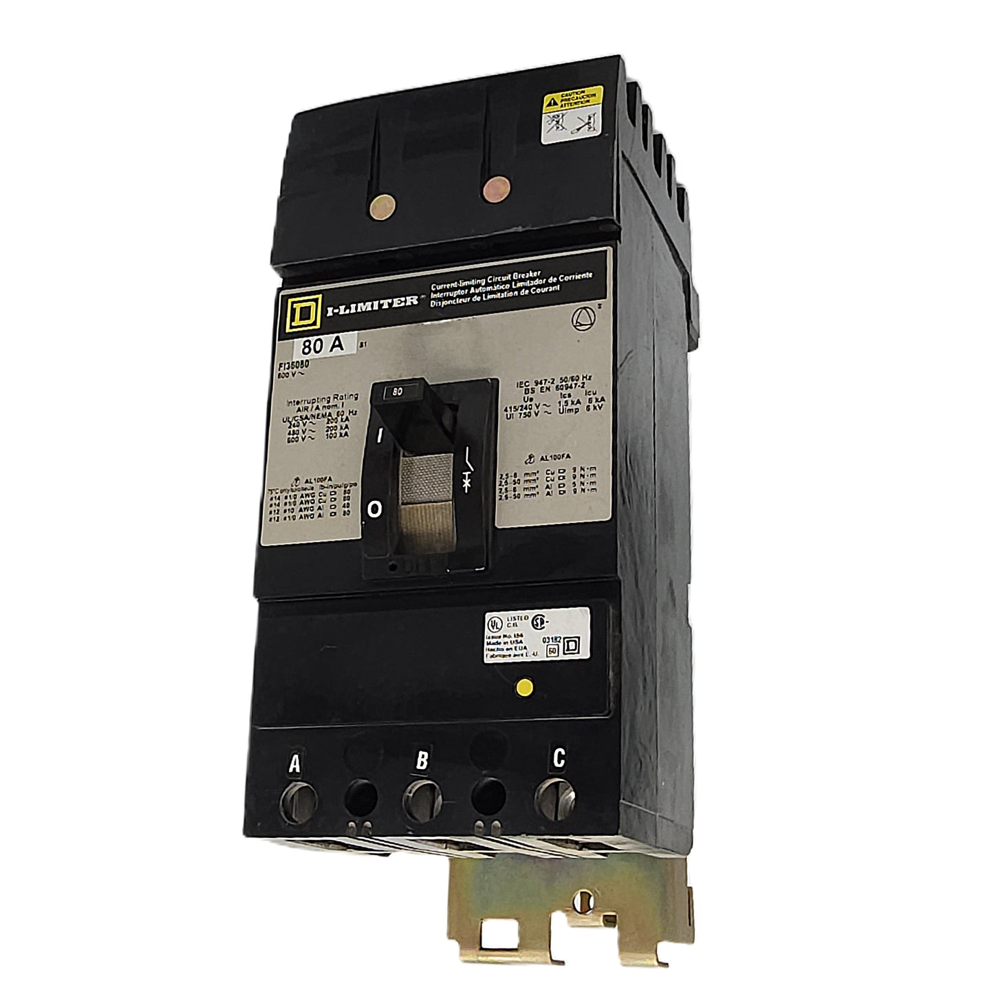 Square D I-Limiter FI36080 Circuit Breaker 3-Pole, 80 Amp, 600V AC, Thermal Magnetic, I-Limiter Series, Bolt-On