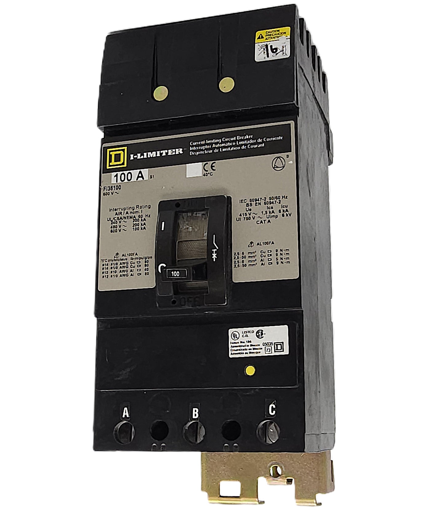 Square D I-Limiter FI36100 Circuit Breaker 3-Pole, 100 Amp, 600V AC, Thermal Magnetic, Current Limiting, Bolt-On Mount