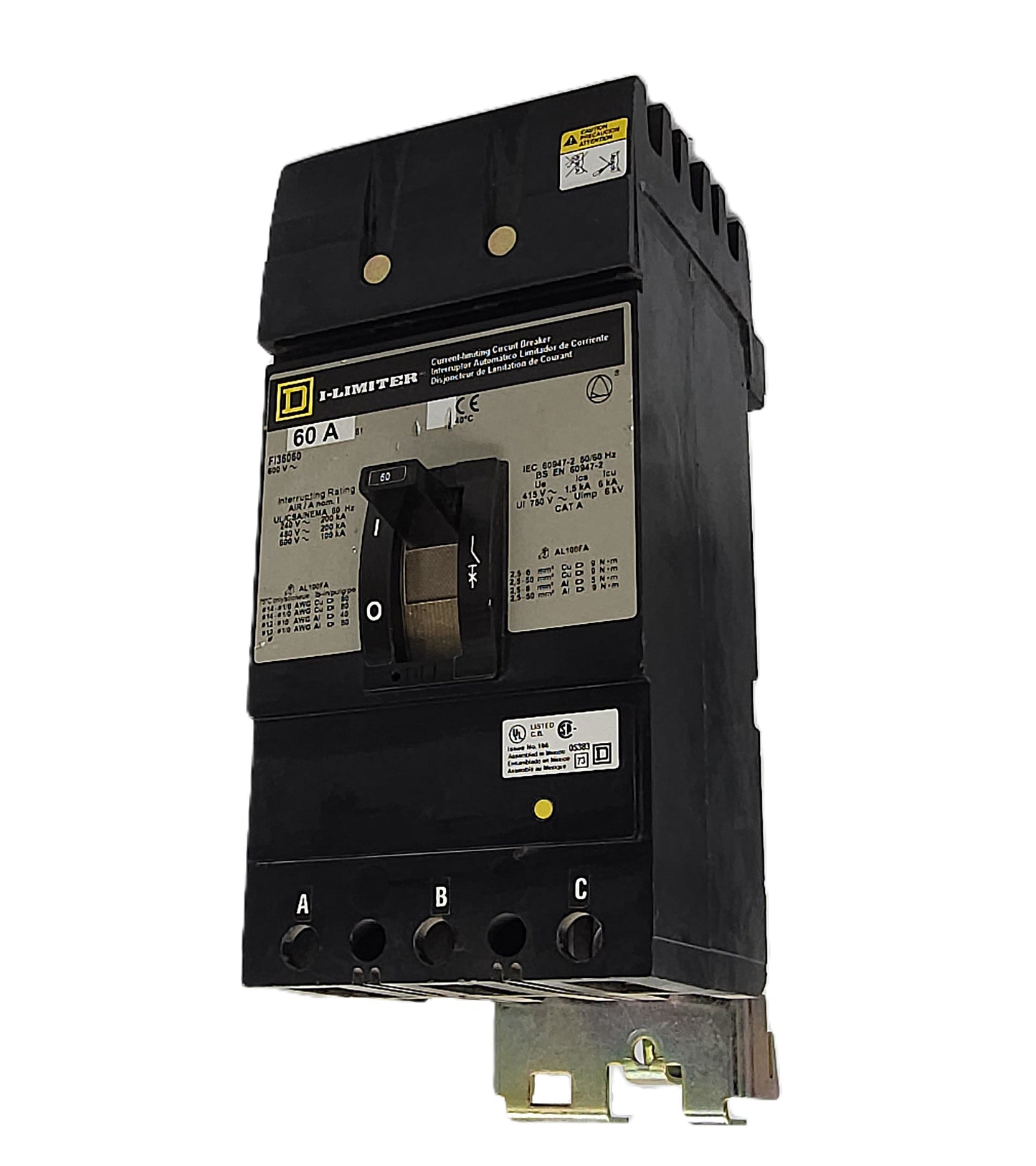 Square D I-Limiter FI36060 Circuit Breaker 3-Pole, 60 Amp, 600V AC, Thermal Magnetic, Current Limiting, Bolt-On Mount