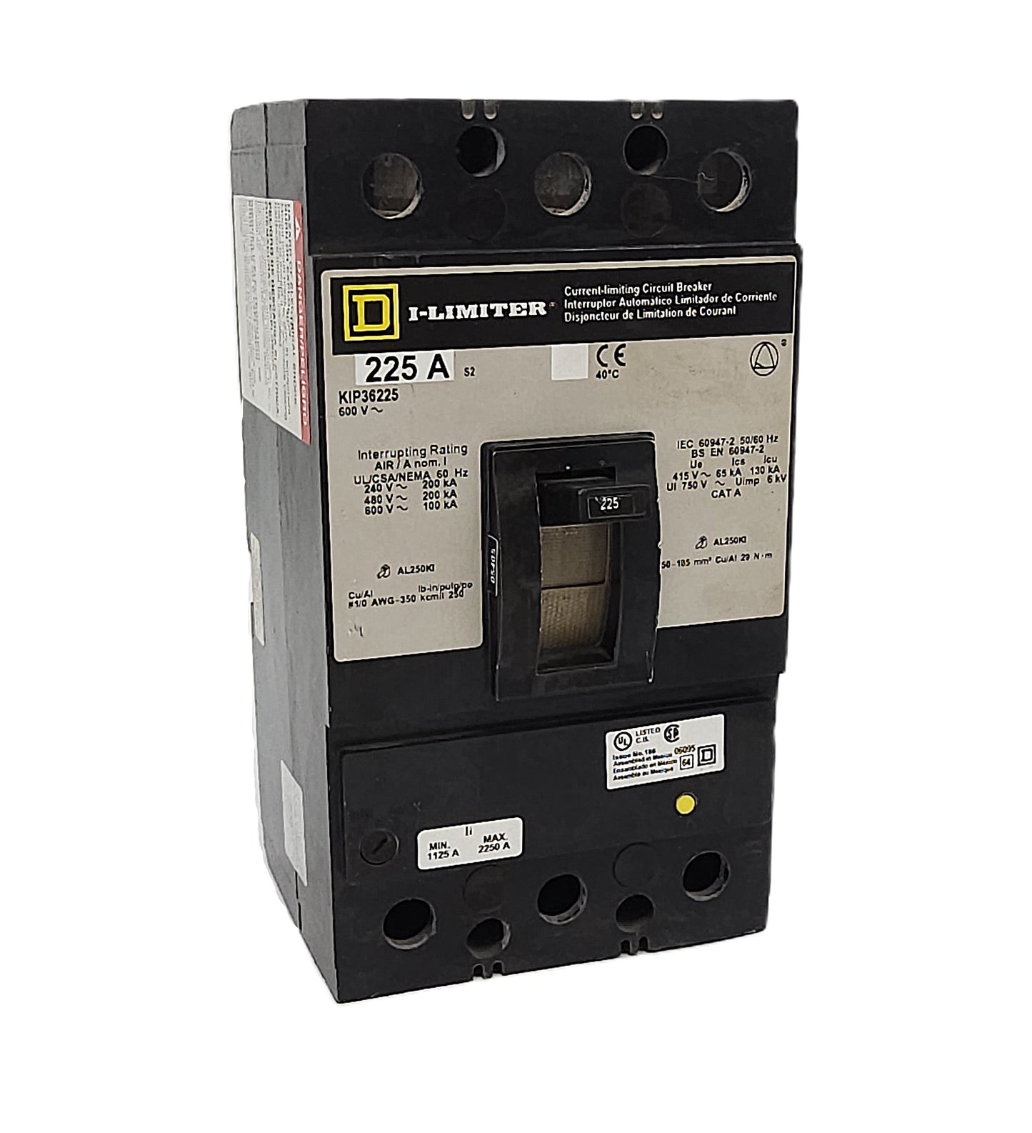 Square D KIP36225 I-Limiter Circuit Breaker 3-Pole, 225 Amp, 600V AC, Thermal Magnetic, KIP Frame, Current-Limiting, Bolt-On