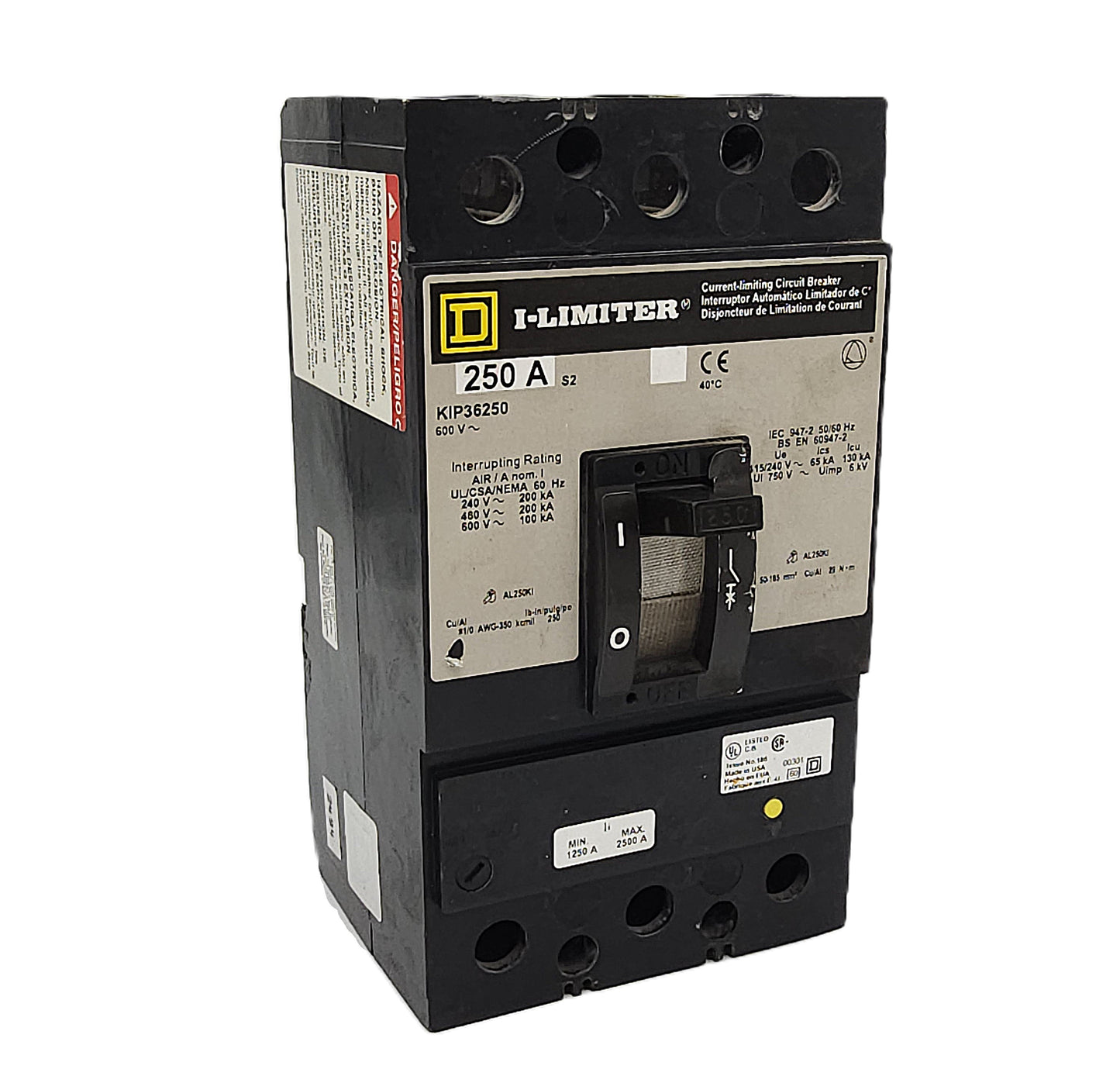 Square D KIP36250 I-Limiter Circuit Breaker 3-Pole, 250 Amp, 600V AC, Thermal Magnetic, KIP Frame, Current-Limiting, Bolt-On
