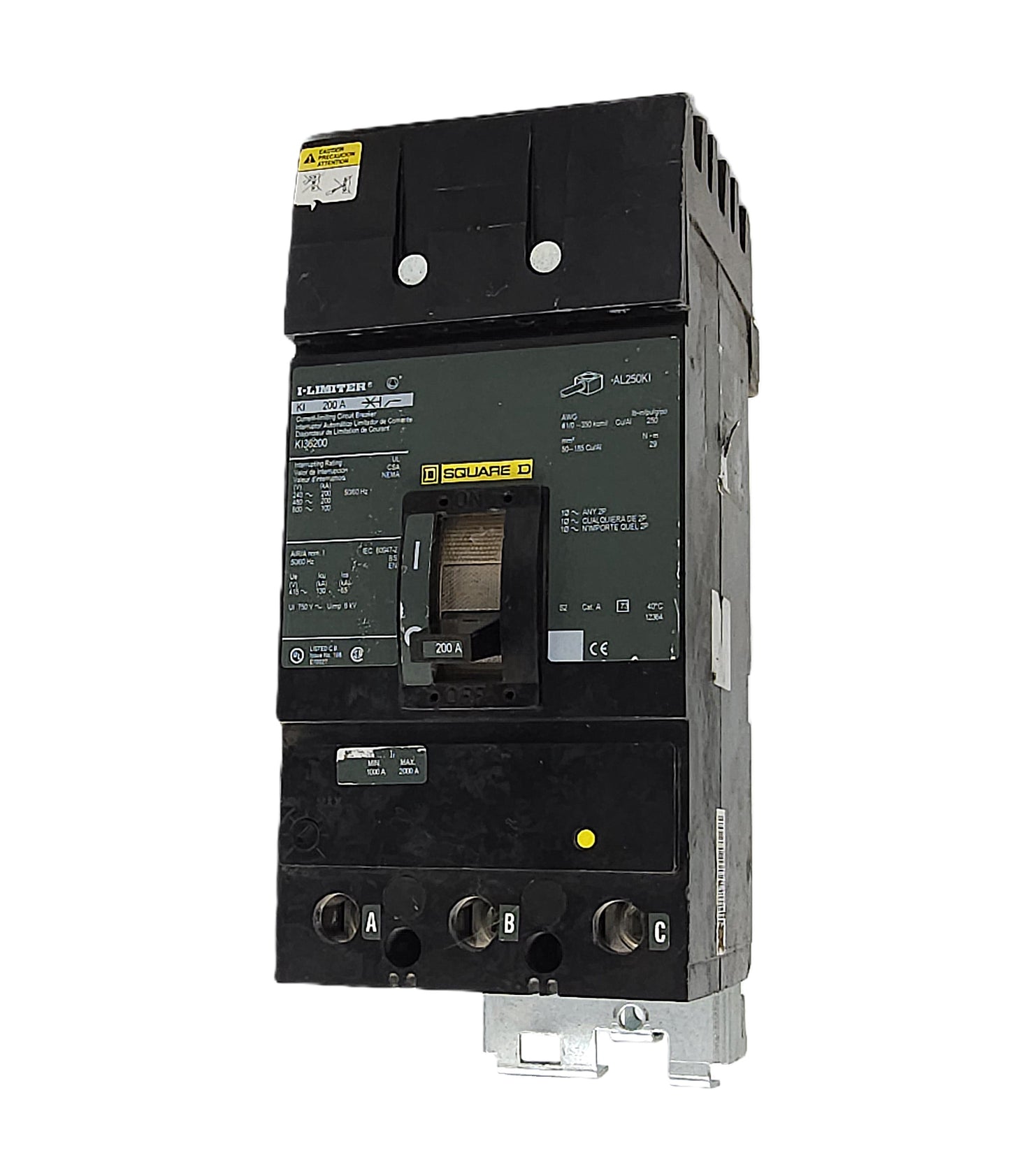 Square D KI36200 I-Limiter Circuit Breaker 3-Pole, 200 Amp, 600V AC, Thermal Magnetic, KJL Frame, Bolt-On, High Interrupting Capacity