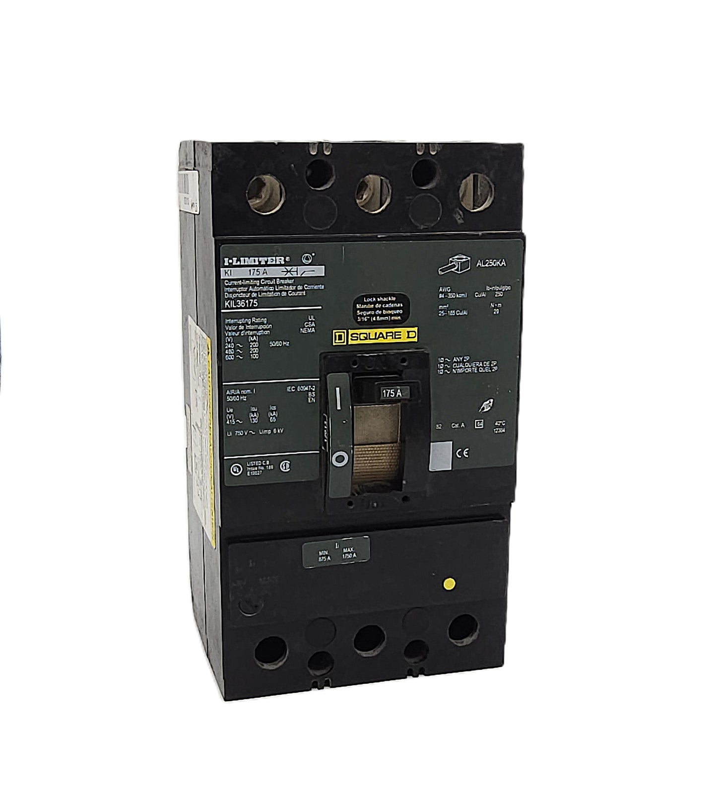 Square D KIL36175 I-Limiter Circuit Breaker 3-Pole, 175 Amp, 600V AC, Bolt-On, Thermal Magnetic, KJL Frame, High Interrupting Capacity