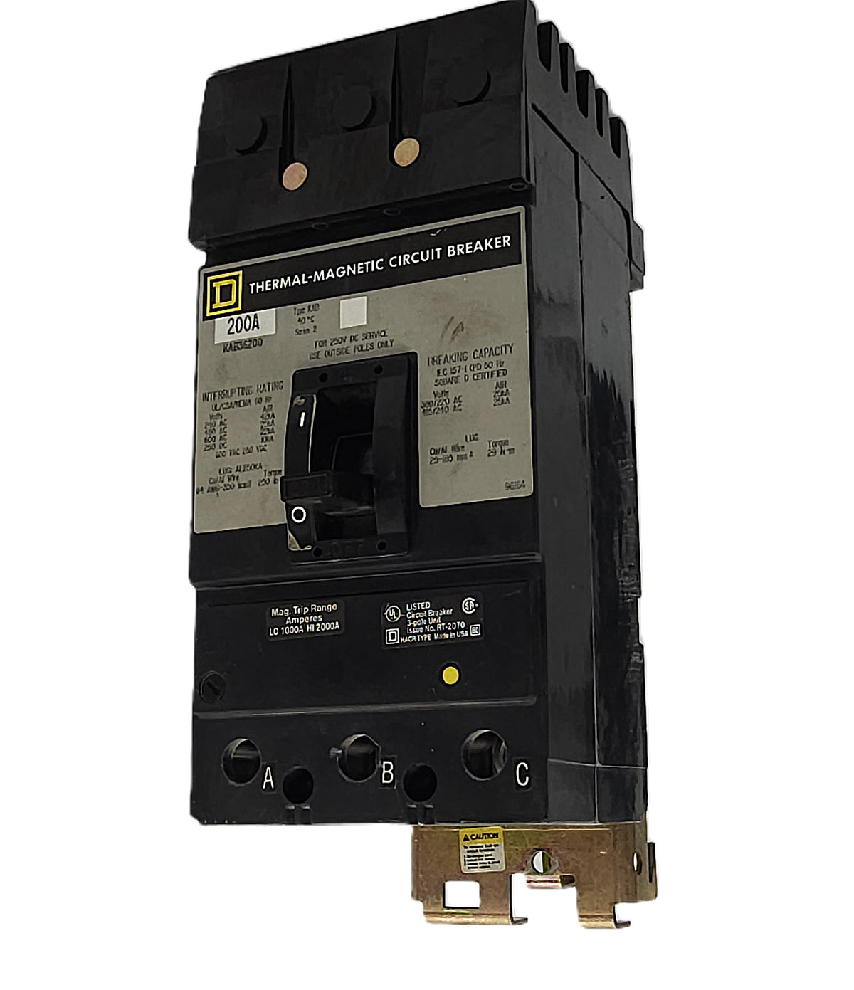 Square D KAL36200 Thermal-Magnetic Circuit Breaker 3-Pole, 200 Amp, 600V AC, Bolt-On, KAL Frame, Industrial Use