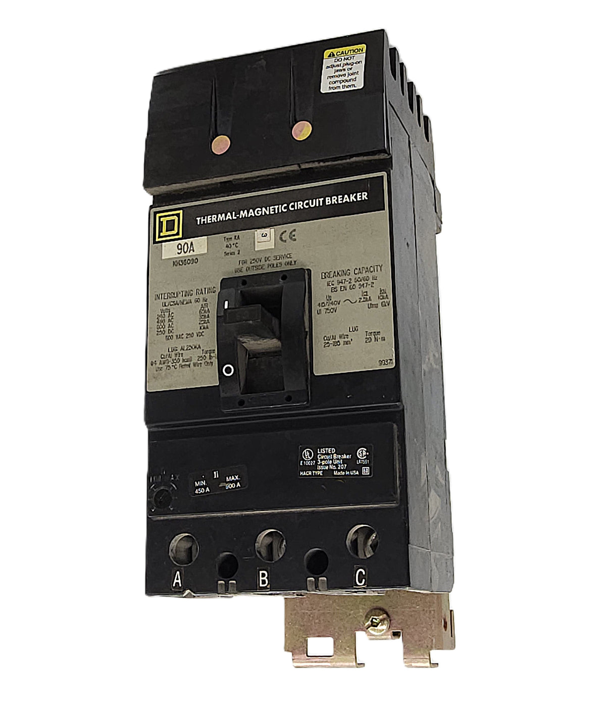 Square D KH36090 Circuit Breaker 3-Pole, 90 Amp, 600V AC / 250V DC, Bolt-On, KA Frame, Thermal-Magnetic Trip