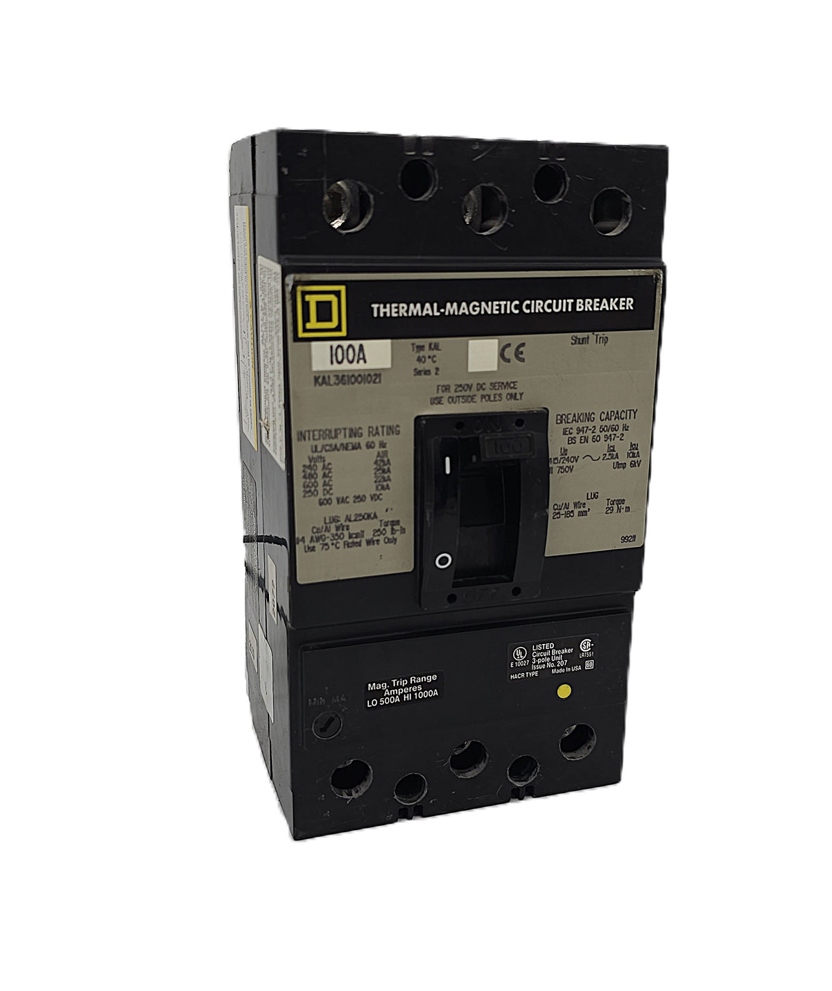 Square D KAL361001021 Circuit Breaker – Thermal Magnetic 3-Pole, 100 Amp, 600V AC / 250V DC, Bolt-On, KAL Frame, Shunt Trip