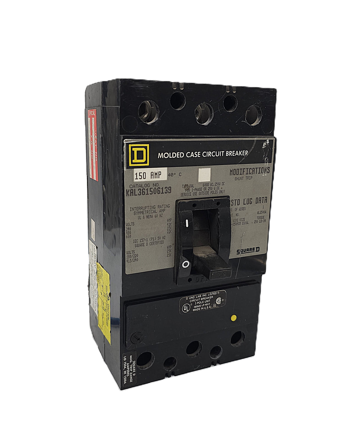 Square D KAL361506139 Circuit Breaker – Molded Case, Thermal Magnetic, Shunt Trip 3-Pole, 150 Amp, 600V AC / 250V DC, Bolt-On, KAL Frame