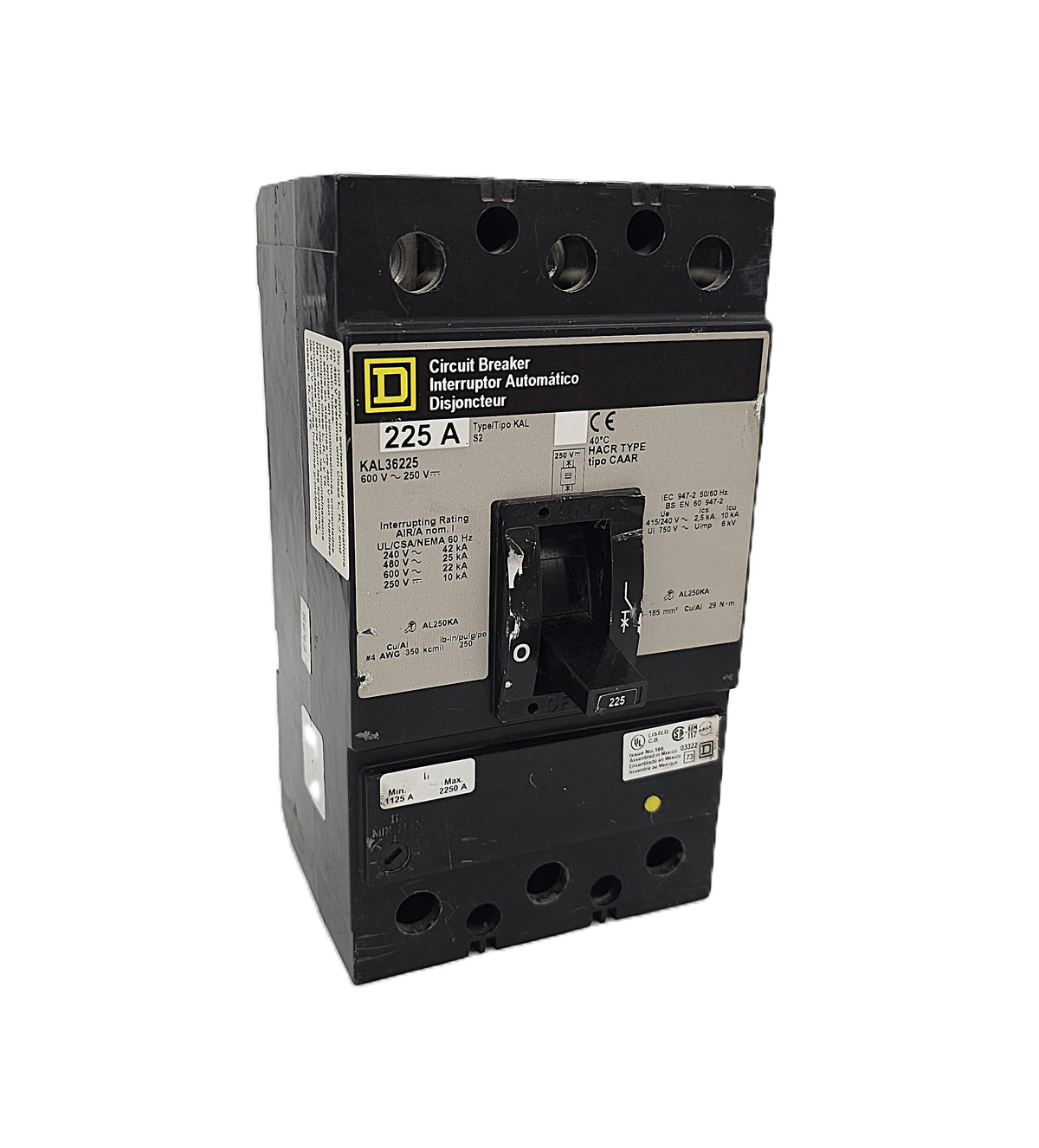 Square D KAL36225 Circuit Breaker – Molded Case, Thermal Magnetic 3-Pole, 225 Amp, 600V AC / 250V DC, Bolt-On, KAL Frame