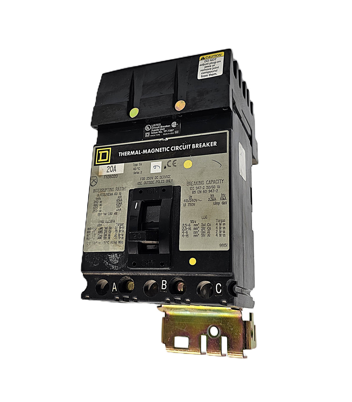 Square D FH36020 Circuit Breaker – Thermal Magnetic (3-Pole, 20 Amp, 600V AC / 250V DC, Bolt-On, FH Frame