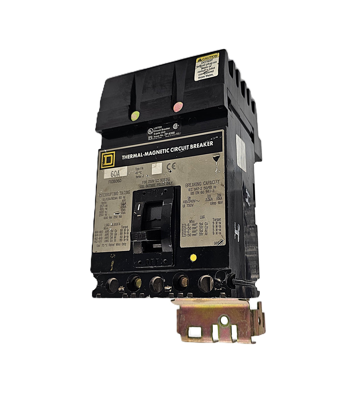 Square D FH36060 Circuit Breaker – Thermal Magnetic 3-Pole, 60 Amp, 600V AC / 250V DC, Bolt-On, FH Frame