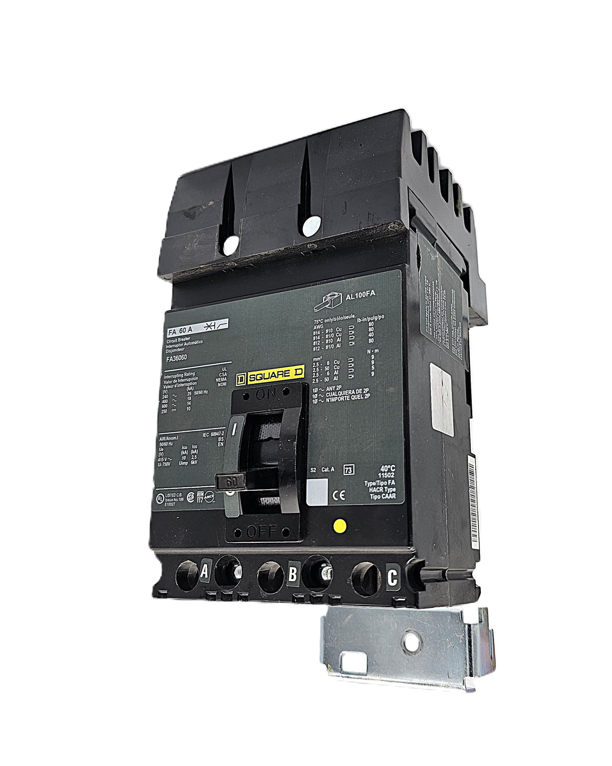 Square D FA36060 Circuit Breaker – Thermal Magnetic 3-Pole, 60 Amp, 600V AC / 250V DC, Bolt-On, FA Frame
