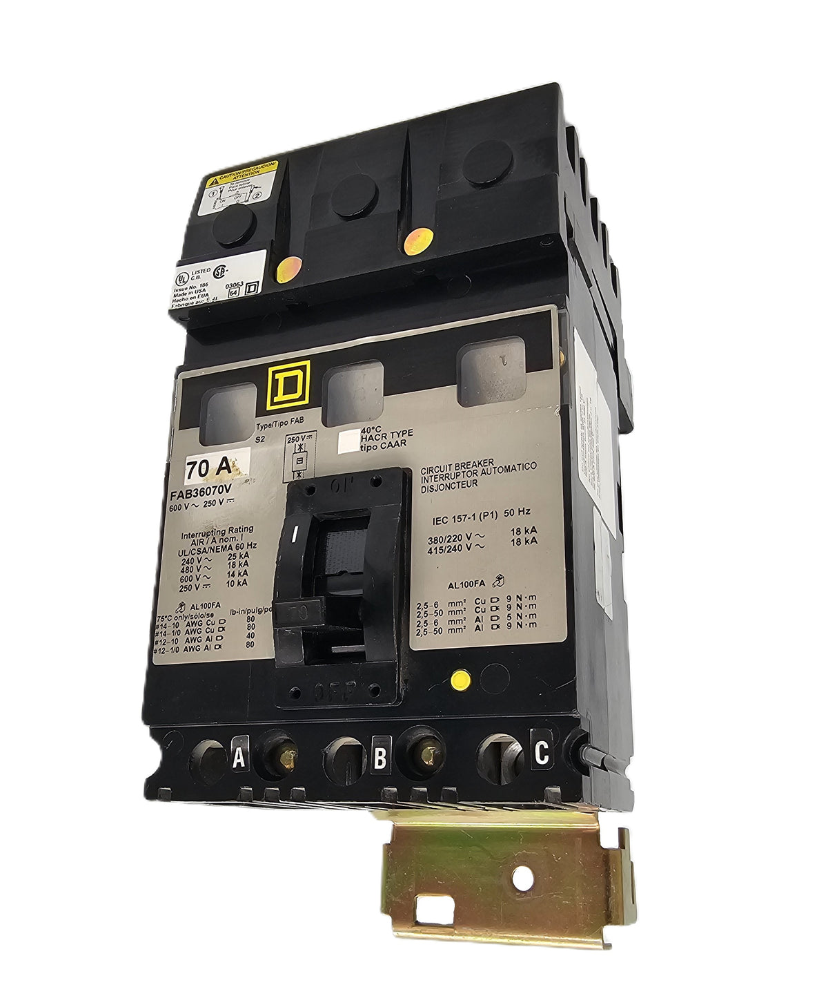 Square D FAB36070V Circuit Breaker – Thermal Magnetic 3-Pole, 70 Amp, 600V AC / 250V DC, Bolt-On, FAB Frame
