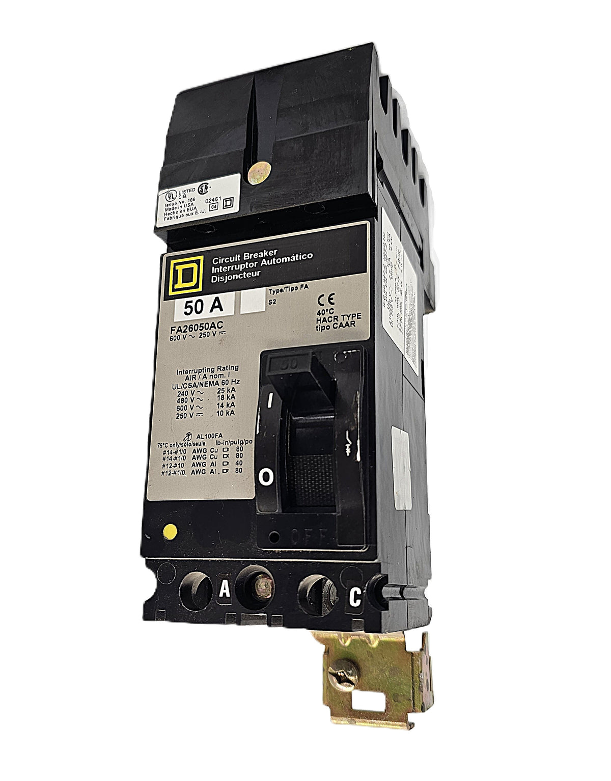 Square D FA26050AC Circuit Breaker (2-Pole, 50 Amp, 600V AC / 250V DC, Type FA, Thermal Magnetic, Bolt-On Mount