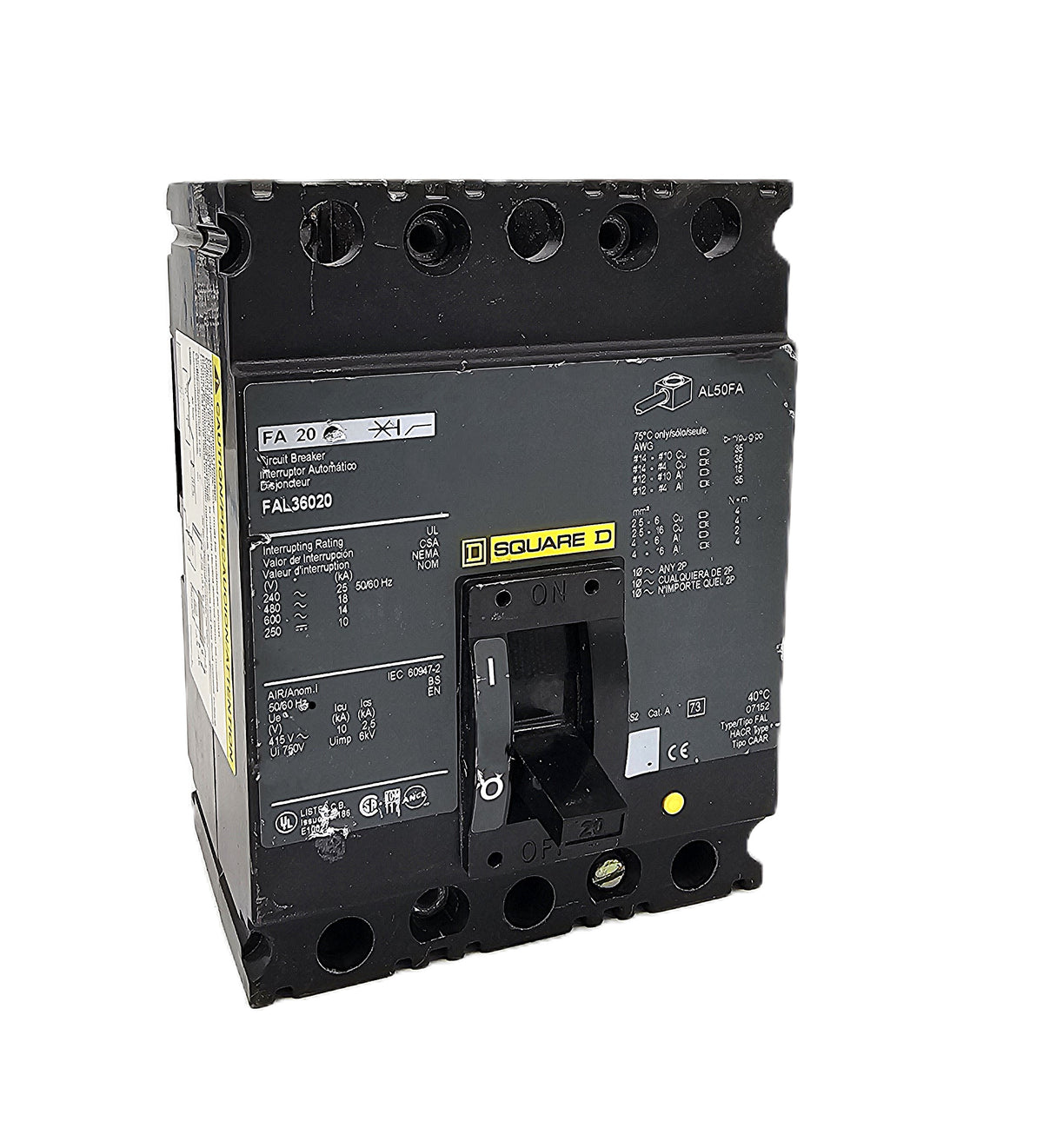 Square D FAL36020 Circuit Breaker 3-Pole, 20 Amp, 600V AC / 250V DC, Thermal Magnetic, Unit Mount, FAL Frame