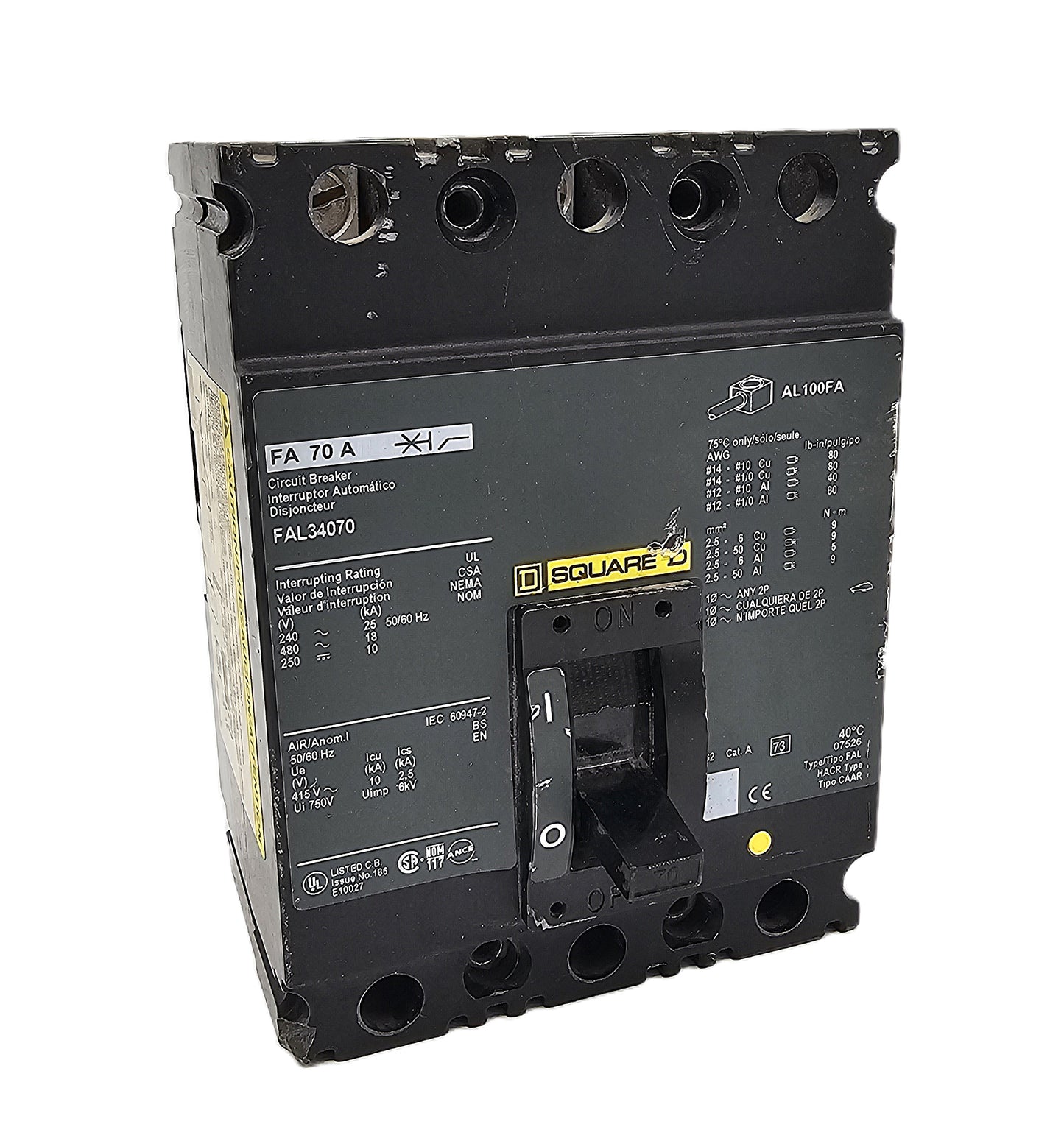 Square D FAL34070 Circuit Breaker 3-Pole, 70 Amp, 240V AC, Bolt-On, FAL Series