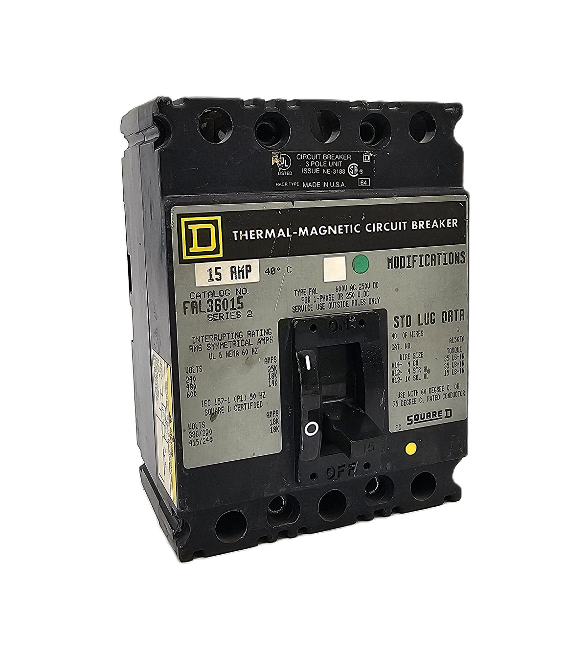 Square D FAL36015 Circuit Breaker 3-Pole, 15 Amp, 600V AC / 250V DC, Bolt-On, FAL Series