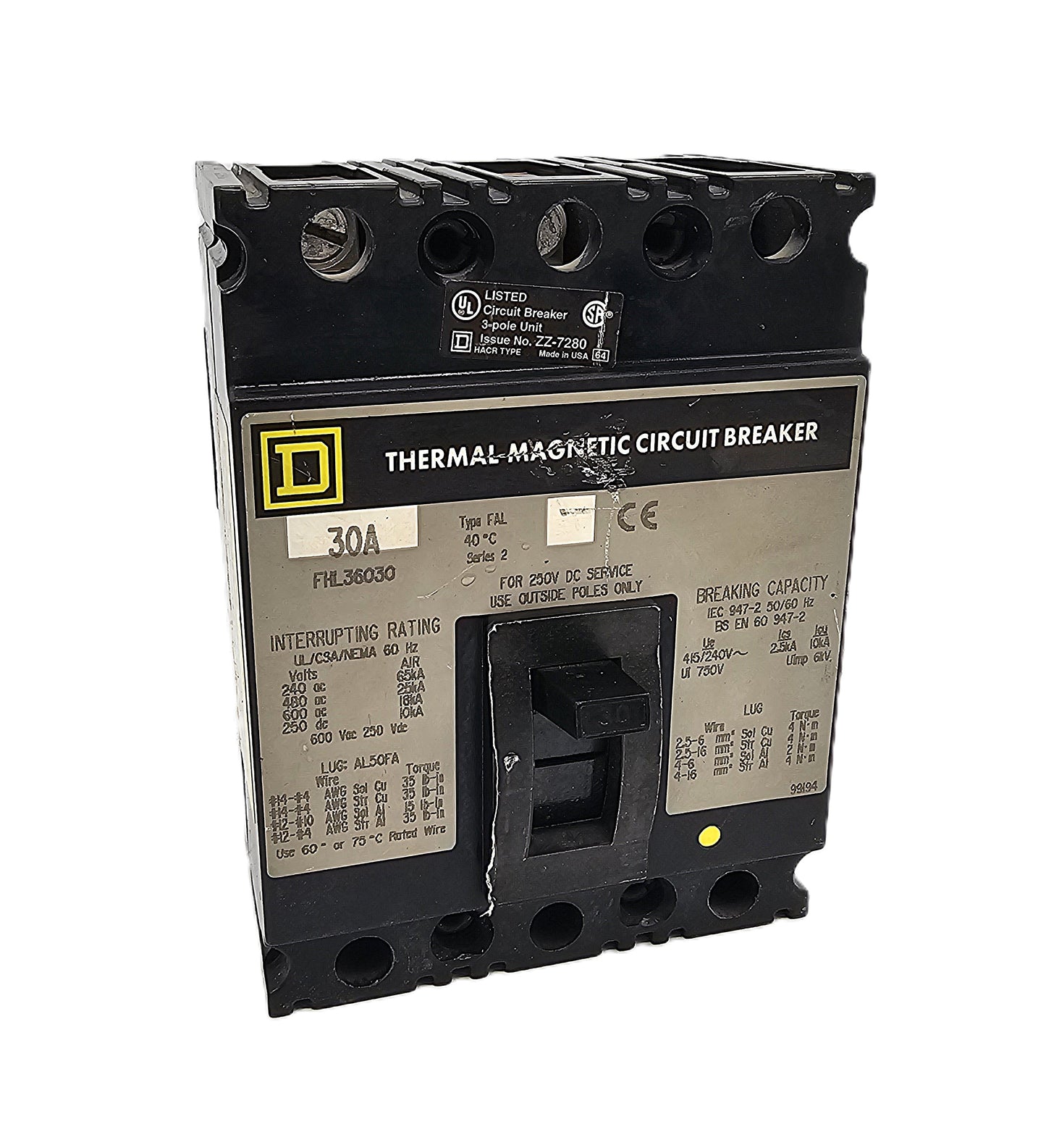 Square D FHL36030 Circuit Breaker 3-Pole, 30 Amp, 600V AC / 250V DC, Bolt-On, FHL Series