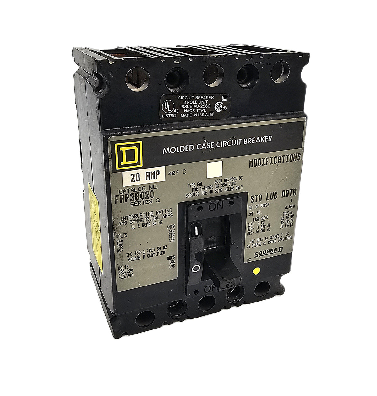 Square D FAP36020 Circuit Breaker 3-Pole, 20 Amp, 600V AC / 250V DC, Bolt-On, FAP Series